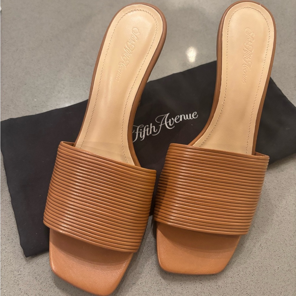 Women's Tan Saks Fifth Avenue Slide Leather Heels